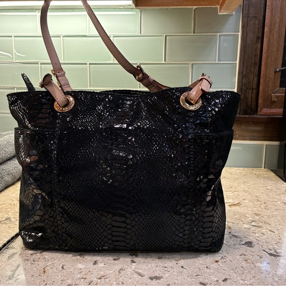 Michael Kors Black Snake-Embossed Tote with Gold MK Charm - Picture 2 of 4